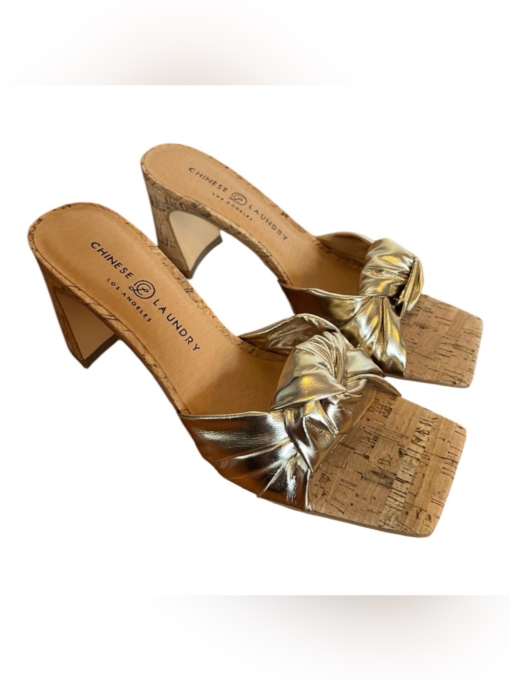 Chinese Laundry Gold Metallic Knotted Cork Chunky Heel Sandals Mules Sz 8 & 10